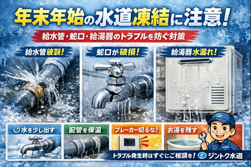 年末年始の水道凍結に注意を呼びかける画像。左側に壊れた給水管から水が噴き出している様子、中央に割れた蛇口、右側には水漏れしている給湯器のイラストが描かれている。下部に凍結対策の提案が記載され、キャラクターが工具を持っている。