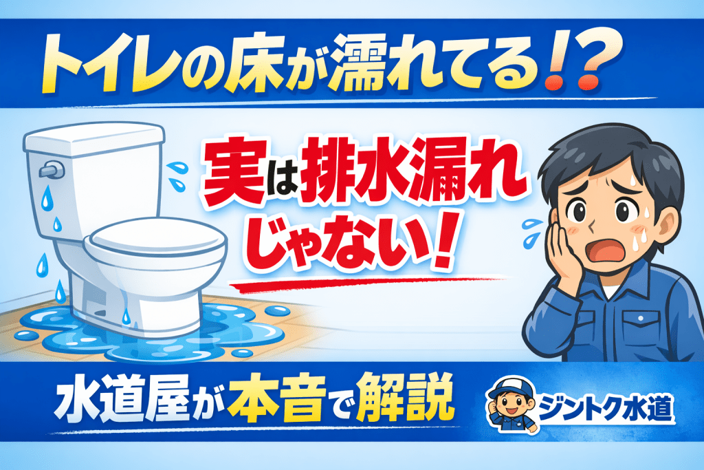 トイレの水が漏れている様子を描いたイラスト。困った表情の男性がトイレの近くに立っており、床に水たまりができている。