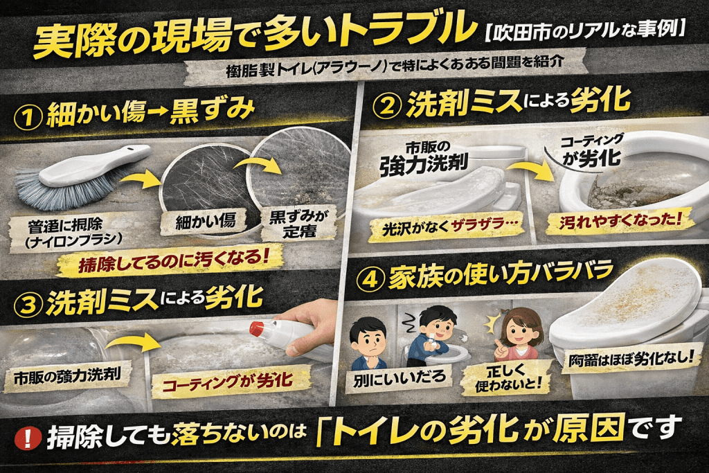 実際の現場で多いトラブル【吹田市のリアル事例】

アラウーノに関しては、ネット上の評判よりも、現場ではもっとリアルな問題が起きています。
ここでは吹田市で実際に多いトラブルを、水道業者目線で具体的に解説します。