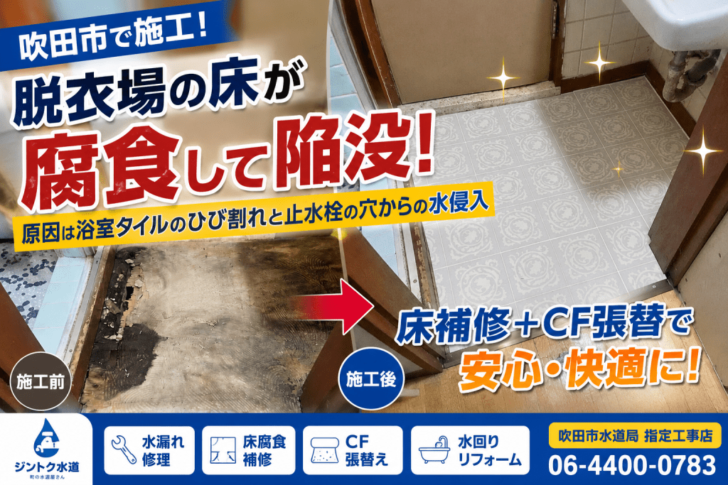 脱衣所の床が腐食している様子とその修理後の状態を示した画像