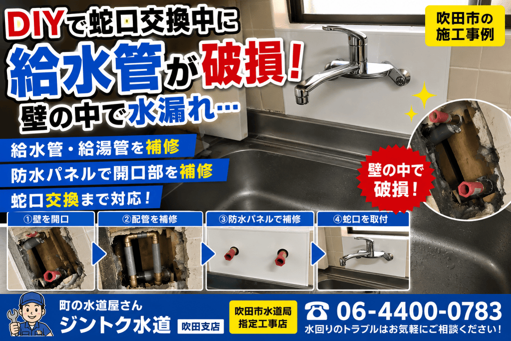 DIYで水漏れを修理するための水道工事の案内。給水管と給湯管の補修手順が示されている。