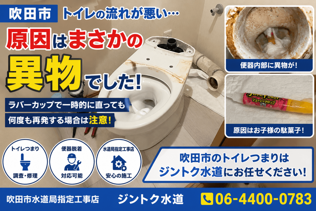 【吹田市】トイレの流れが悪い原因は“まさかの異物”｜ラバーカップで直っても再発するケースに注意