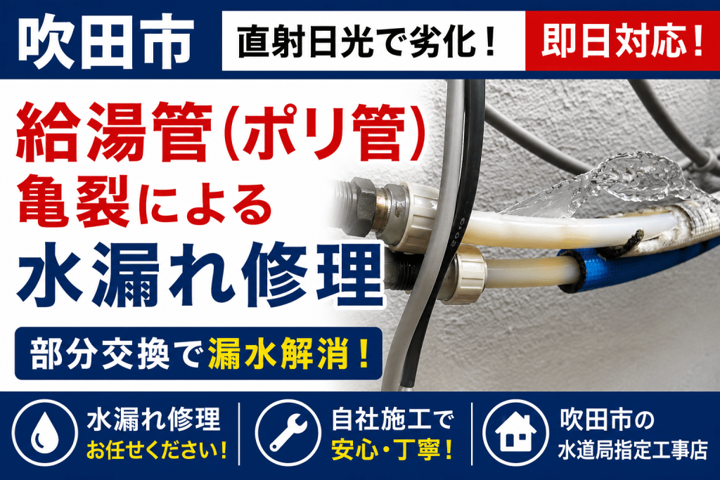 【吹田市】給湯管（ポリ管）の亀裂による水漏れ修理｜紫外線劣化で配管が破損！部分交換で即日復旧