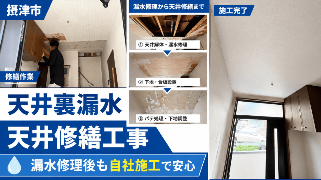 【摂津市】天井裏の漏水修理後に天井張替え・クロス補修工事｜漏水修理から内装復旧まで自社施工