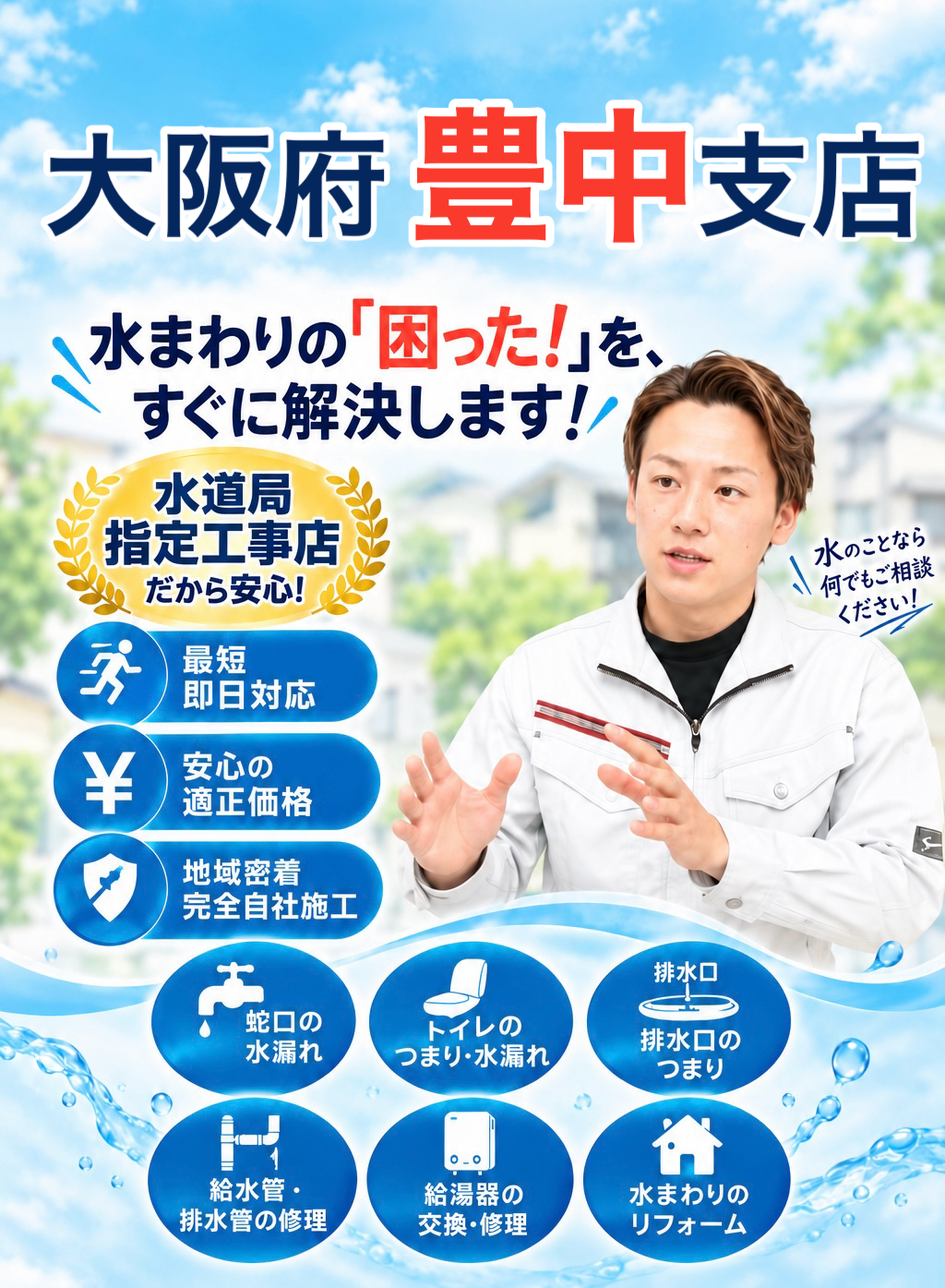 大阪府豊中市の水道工事サービスの広告。男性が手を動かして説明している。背景には水のイラストとサービス内容のアイコンが表示されている。
